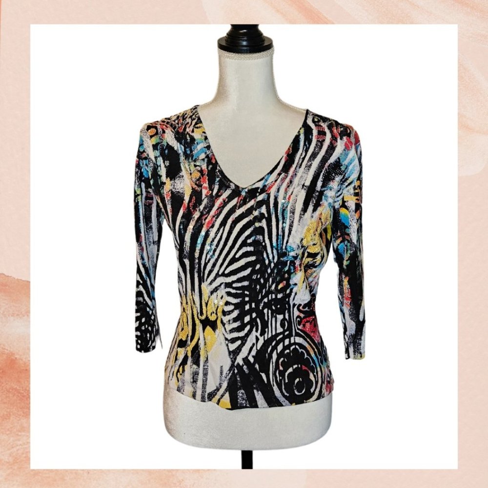 Animal Print Sequin Embellished 3/4 Sleeve Top